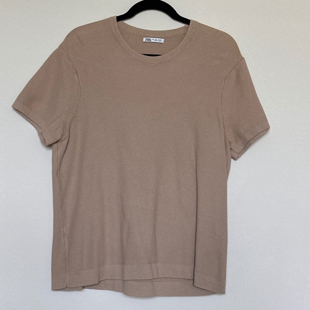 Zara Mens Tan Beige Textured Knit Short Sleeve Sweater Top Size Large